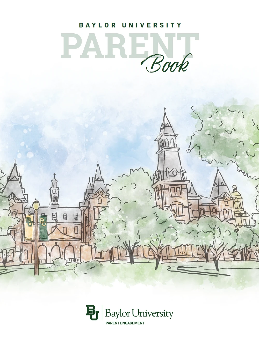 A watercolor illustration of a historic building and trees adorns the cover of Baylor University's Parent Book.